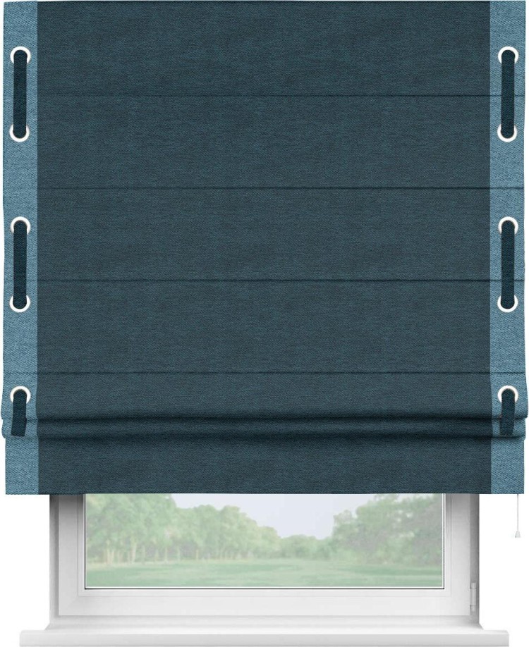 Римская штора «Кортин» с кантом Стрим Дуо (люверсы с пояском), для проема, ткань твид блэкаут, глубокий синий