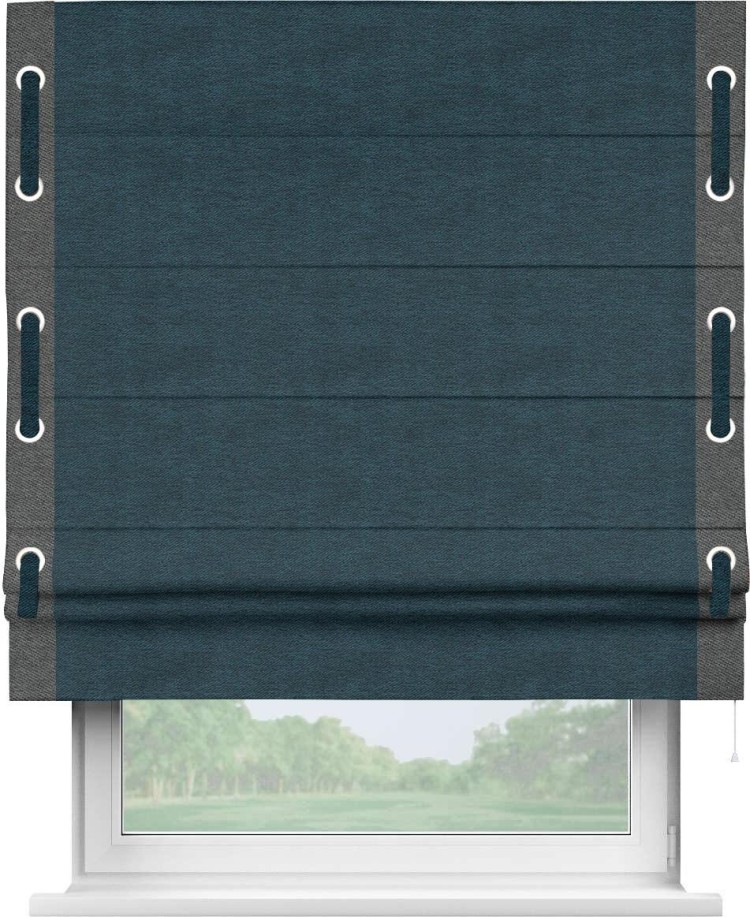Римская штора «Кортин» с кантом Стрим Дуо (люверсы с пояском), для проема, ткань твид блэкаут, глубокий синий